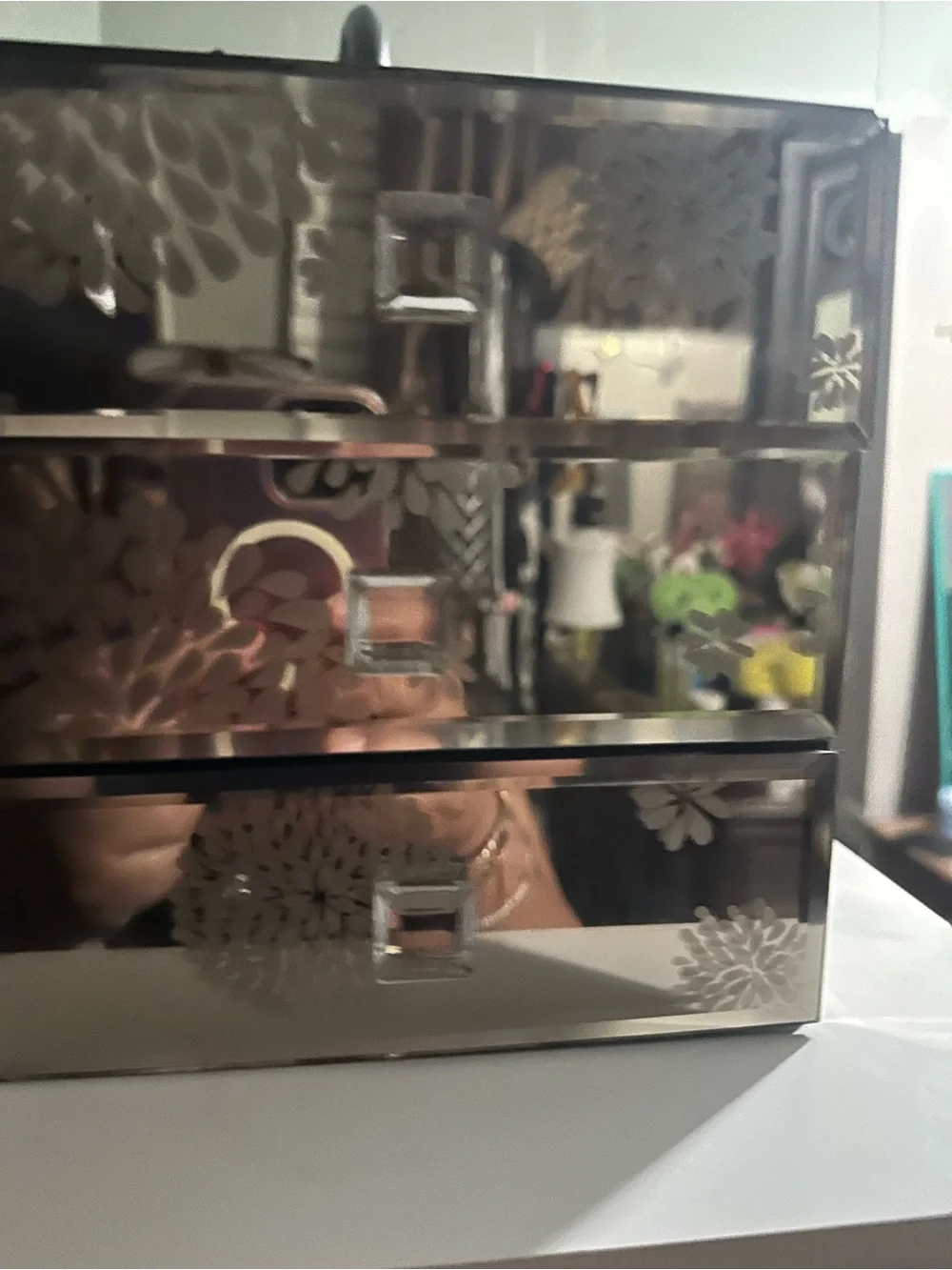 Mirrored Floral 3-Drawer Jewelry Organizer - Silver